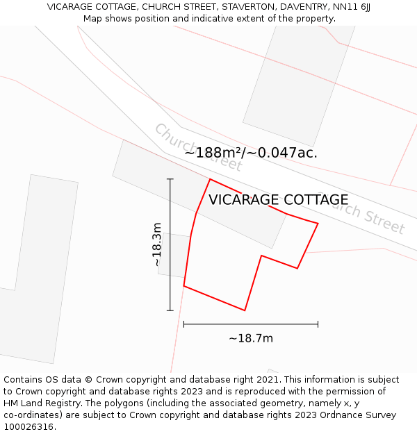 VICARAGE COTTAGE, CHURCH STREET, STAVERTON, DAVENTRY, NN11 6JJ: Plot and title map