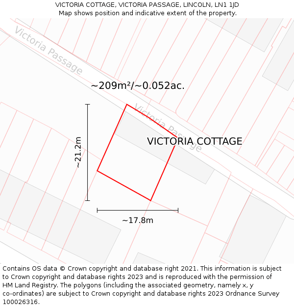 VICTORIA COTTAGE, VICTORIA PASSAGE, LINCOLN, LN1 1JD: Plot and title map