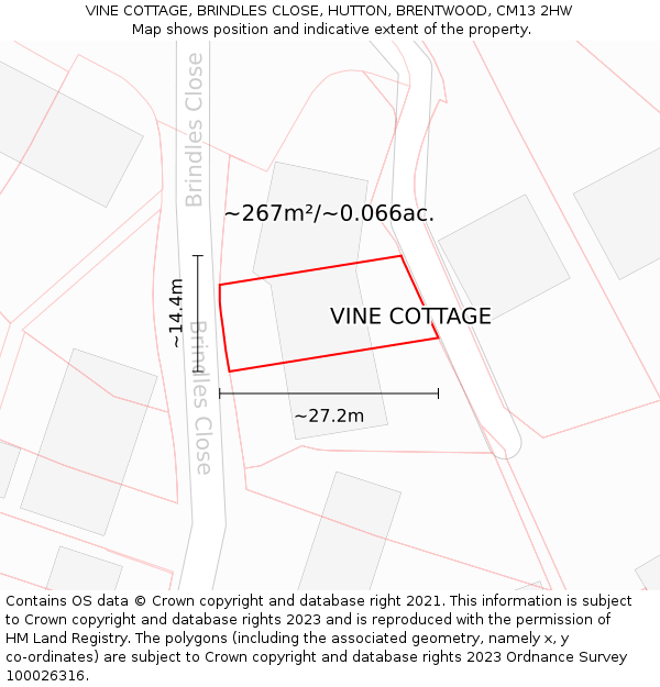 VINE COTTAGE, BRINDLES CLOSE, HUTTON, BRENTWOOD, CM13 2HW: Plot and title map