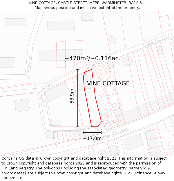 VINE COTTAGE, CASTLE STREET, MERE, WARMINSTER, BA12 6JH: Plot and title map
