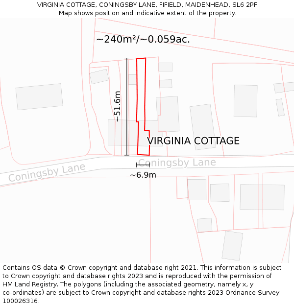 VIRGINIA COTTAGE, CONINGSBY LANE, FIFIELD, MAIDENHEAD, SL6 2PF: Plot and title map