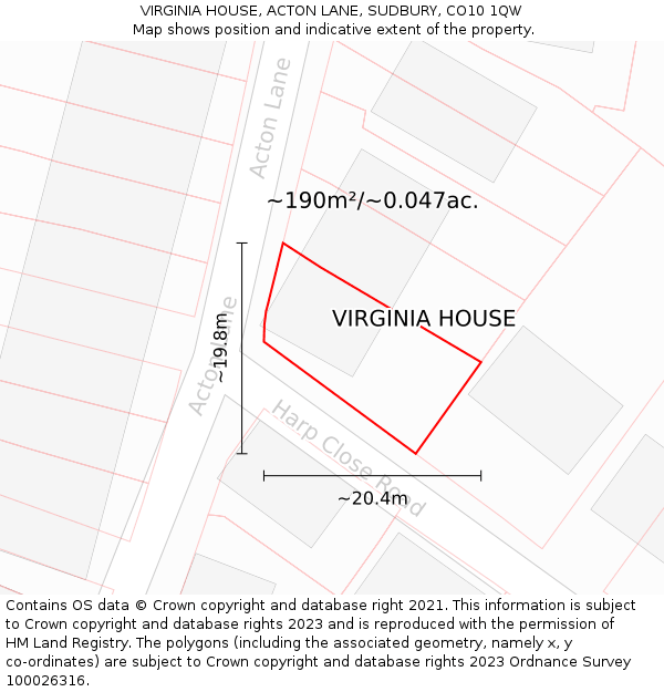 VIRGINIA HOUSE, ACTON LANE, SUDBURY, CO10 1QW: Plot and title map