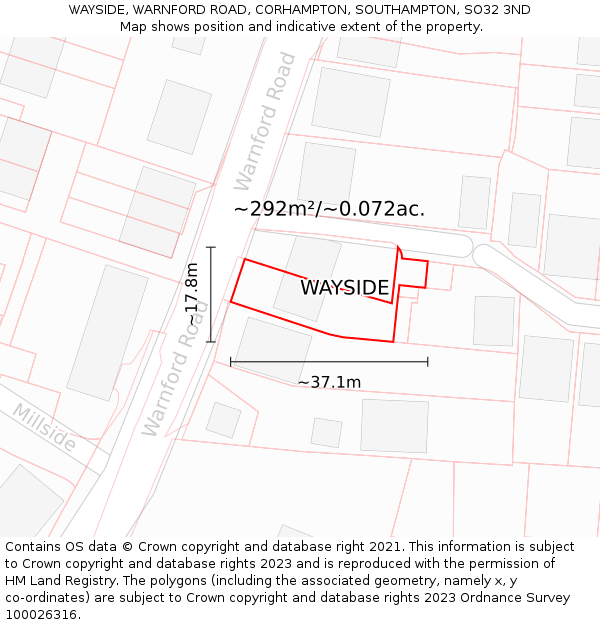 WAYSIDE, WARNFORD ROAD, CORHAMPTON, SOUTHAMPTON, SO32 3ND: Plot and title map