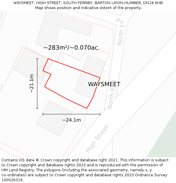 WAYSMEET, HIGH STREET, SOUTH FERRIBY, BARTON-UPON-HUMBER, DN18 6HB: Plot and title map