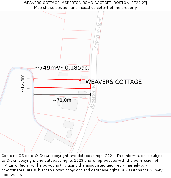 WEAVERS COTTAGE, ASPERTON ROAD, WIGTOFT, BOSTON, PE20 2PJ: Plot and title map