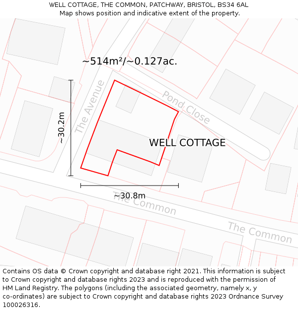 WELL COTTAGE, THE COMMON, PATCHWAY, BRISTOL, BS34 6AL: Plot and title map