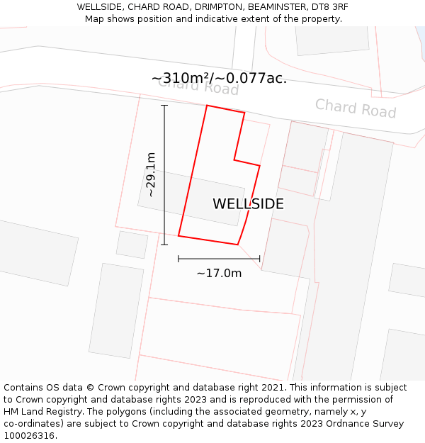 WELLSIDE, CHARD ROAD, DRIMPTON, BEAMINSTER, DT8 3RF: Plot and title map