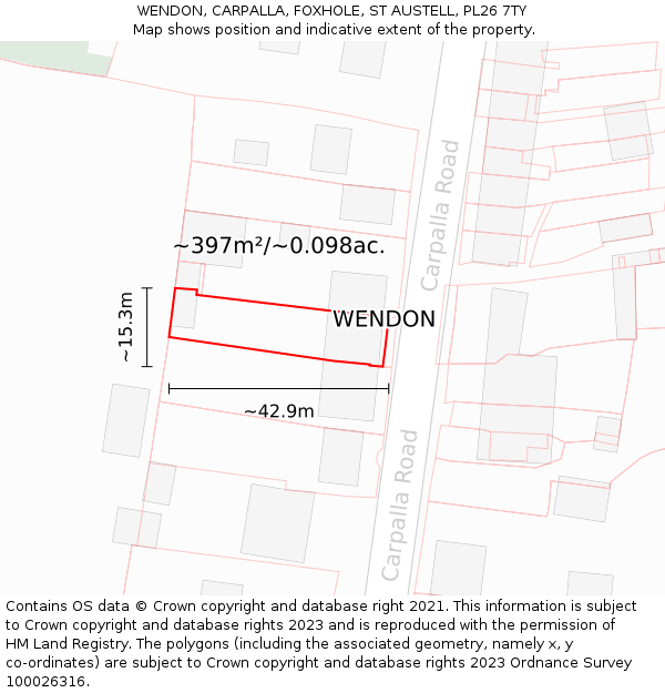 WENDON, CARPALLA, FOXHOLE, ST AUSTELL, PL26 7TY: Plot and title map