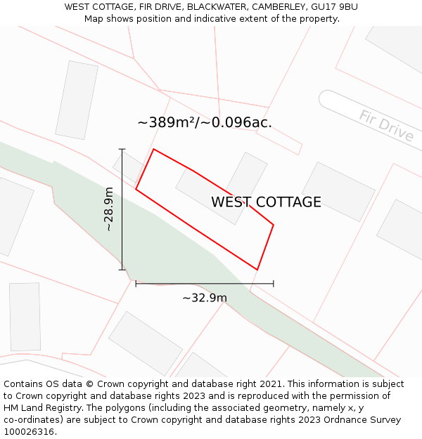 WEST COTTAGE, FIR DRIVE, BLACKWATER, CAMBERLEY, GU17 9BU: Plot and title map