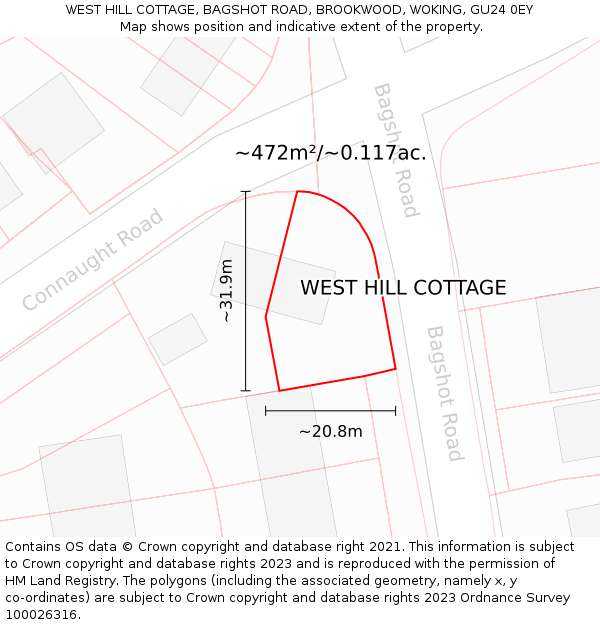 WEST HILL COTTAGE, BAGSHOT ROAD, BROOKWOOD, WOKING, GU24 0EY: Plot and title map