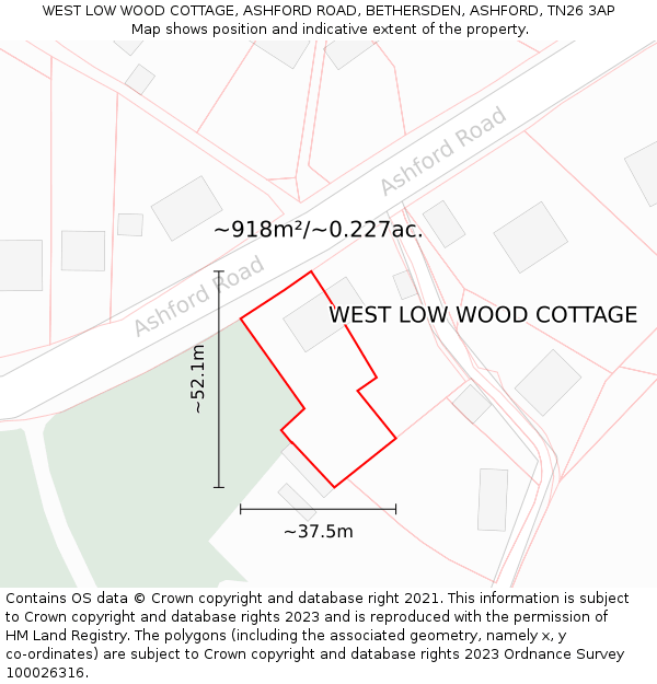 WEST LOW WOOD COTTAGE, ASHFORD ROAD, BETHERSDEN, ASHFORD, TN26 3AP: Plot and title map