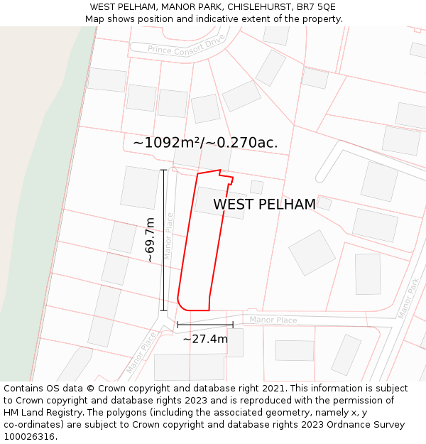 WEST PELHAM, MANOR PARK, CHISLEHURST, BR7 5QE: Plot and title map