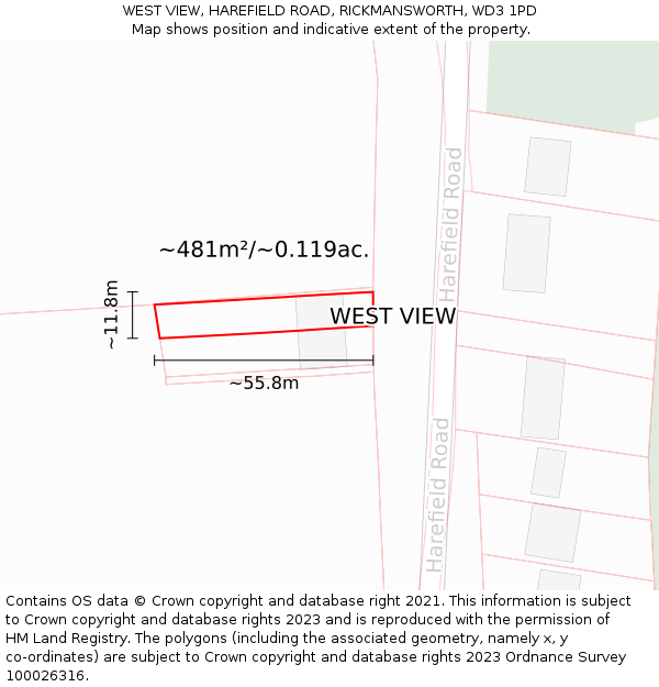 WEST VIEW, HAREFIELD ROAD, RICKMANSWORTH, WD3 1PD: Plot and title map