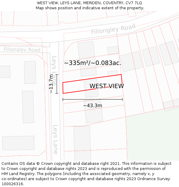 WEST VIEW, LEYS LANE, MERIDEN, COVENTRY, CV7 7LQ: Plot and title map