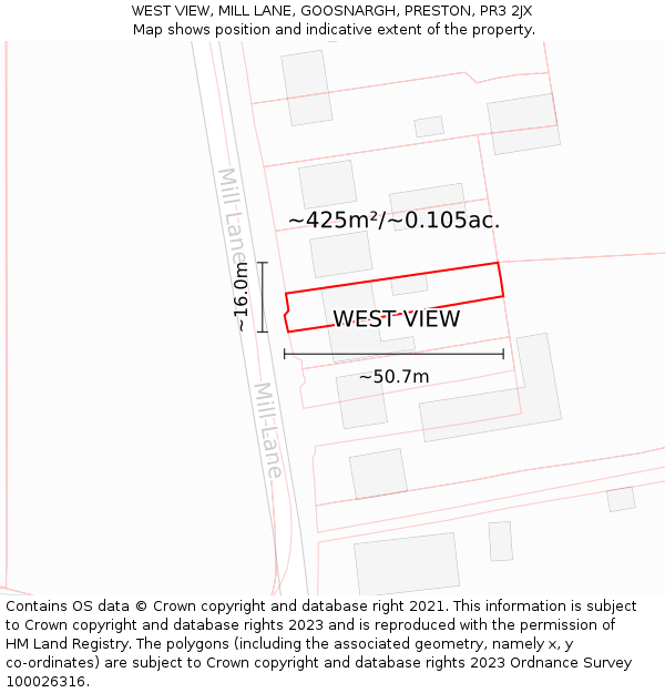 WEST VIEW, MILL LANE, GOOSNARGH, PRESTON, PR3 2JX: Plot and title map