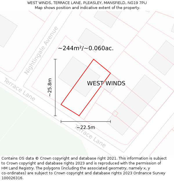 WEST WINDS, TERRACE LANE, PLEASLEY, MANSFIELD, NG19 7PU: Plot and title map