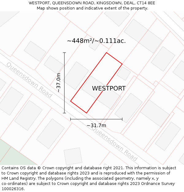 WESTPORT, QUEENSDOWN ROAD, KINGSDOWN, DEAL, CT14 8EE: Plot and title map