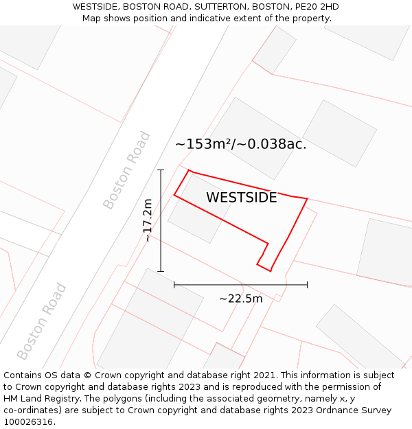 WESTSIDE, BOSTON ROAD, SUTTERTON, BOSTON, PE20 2HD: Plot and title map