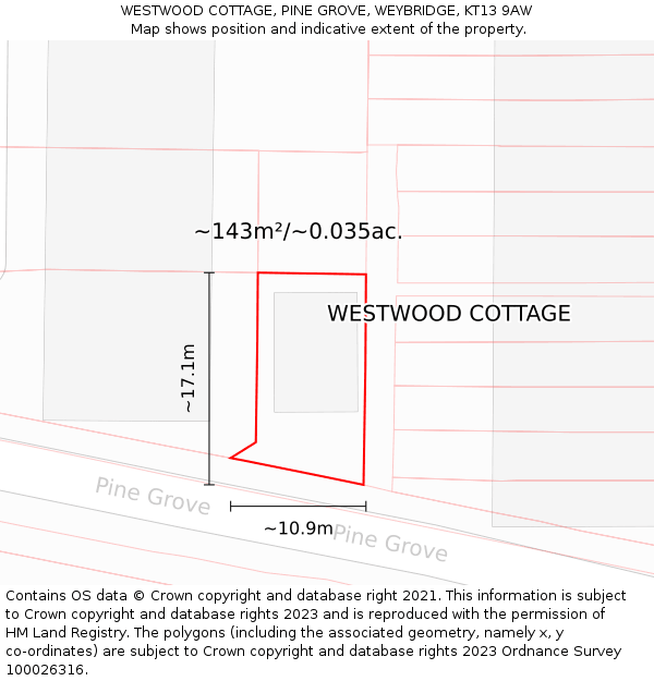 WESTWOOD COTTAGE, PINE GROVE, WEYBRIDGE, KT13 9AW: Plot and title map
