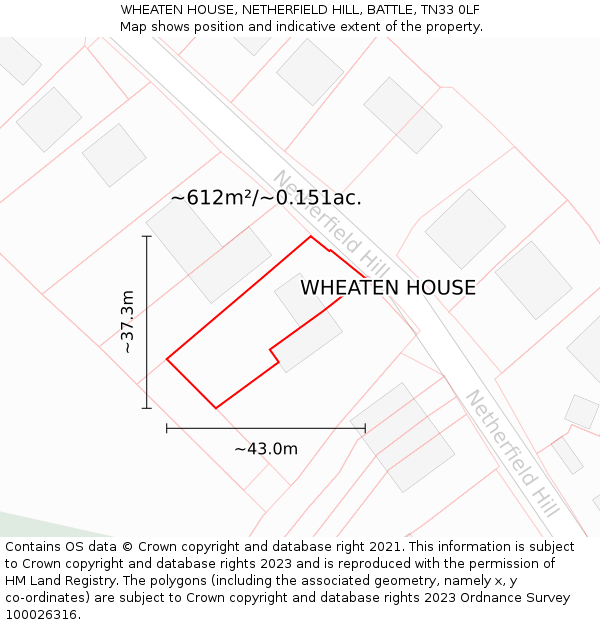 WHEATEN HOUSE, NETHERFIELD HILL, BATTLE, TN33 0LF: Plot and title map