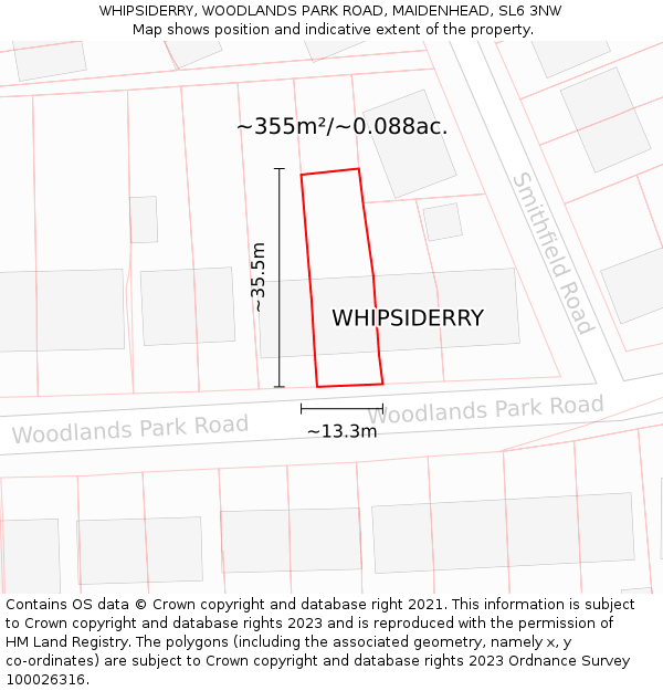 WHIPSIDERRY, WOODLANDS PARK ROAD, MAIDENHEAD, SL6 3NW: Plot and title map