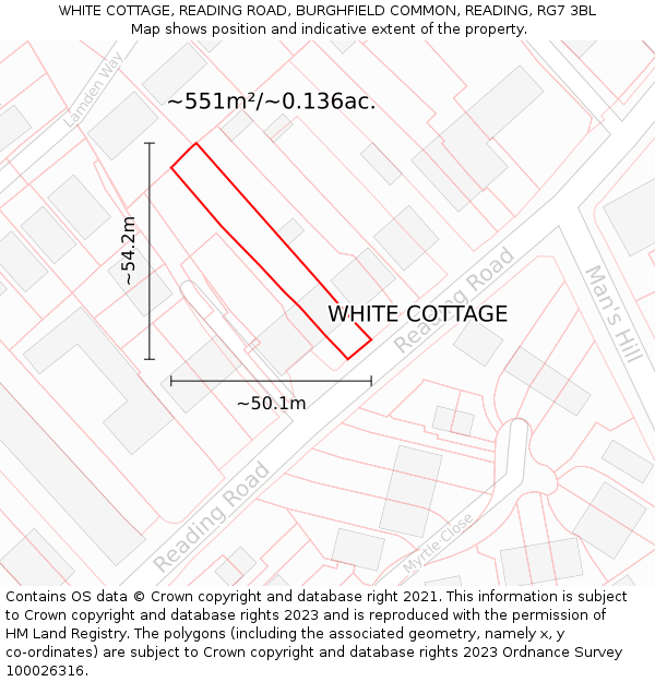WHITE COTTAGE, READING ROAD, BURGHFIELD COMMON, READING, RG7 3BL: Plot and title map