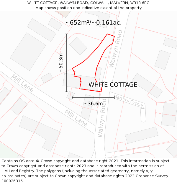 WHITE COTTAGE, WALWYN ROAD, COLWALL, MALVERN, WR13 6EG: Plot and title map