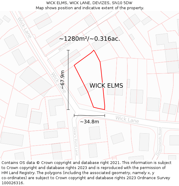 WICK ELMS, WICK LANE, DEVIZES, SN10 5DW: Plot and title map