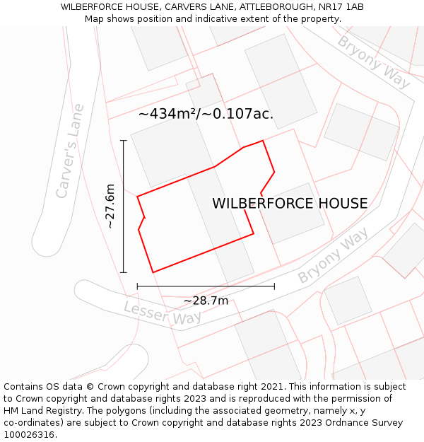 WILBERFORCE HOUSE, CARVERS LANE, ATTLEBOROUGH, NR17 1AB: Plot and title map