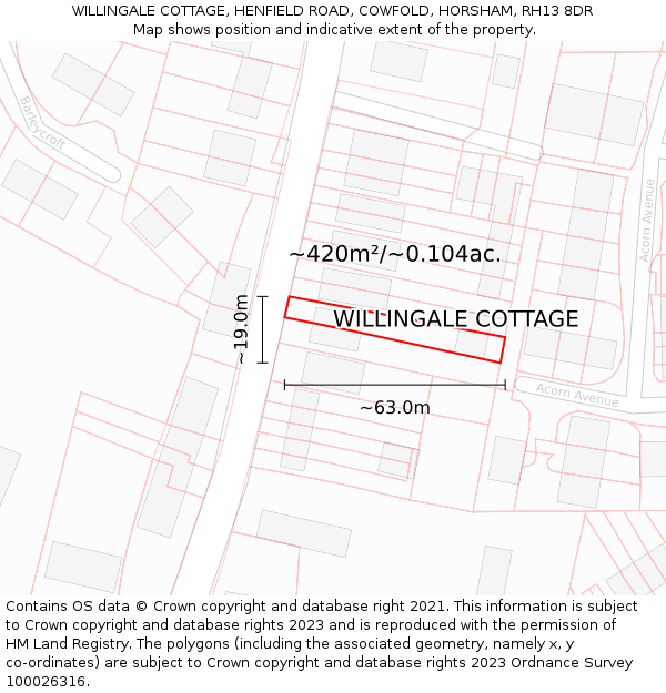 WILLINGALE COTTAGE, HENFIELD ROAD, COWFOLD, HORSHAM, RH13 8DR: Plot and title map