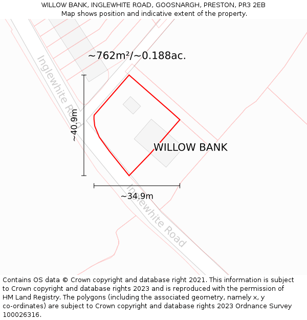 WILLOW BANK, INGLEWHITE ROAD, GOOSNARGH, PRESTON, PR3 2EB: Plot and title map