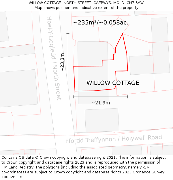 WILLOW COTTAGE, NORTH STREET, CAERWYS, MOLD, CH7 5AW: Plot and title map