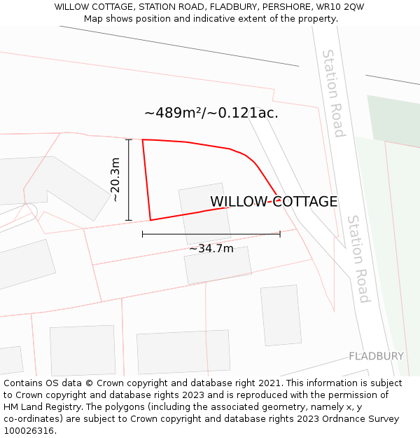 WILLOW COTTAGE, STATION ROAD, FLADBURY, PERSHORE, WR10 2QW: Plot and title map