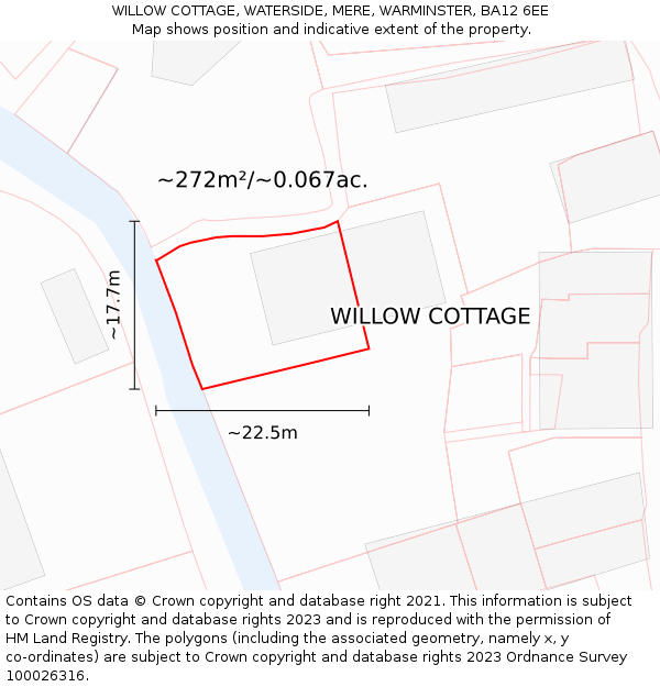 WILLOW COTTAGE, WATERSIDE, MERE, WARMINSTER, BA12 6EE: Plot and title map