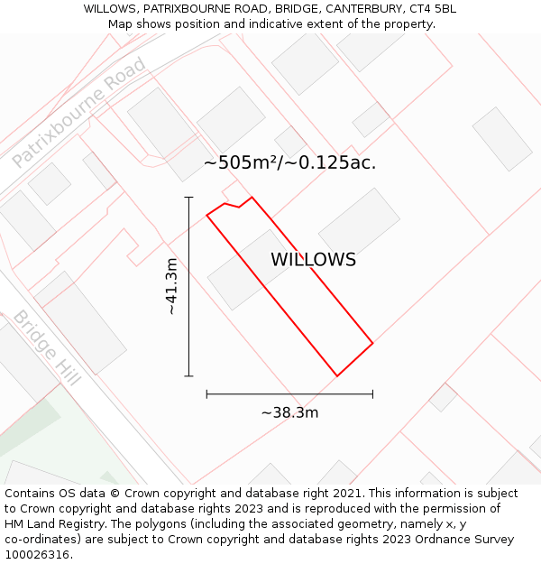 WILLOWS, PATRIXBOURNE ROAD, BRIDGE, CANTERBURY, CT4 5BL: Plot and title map