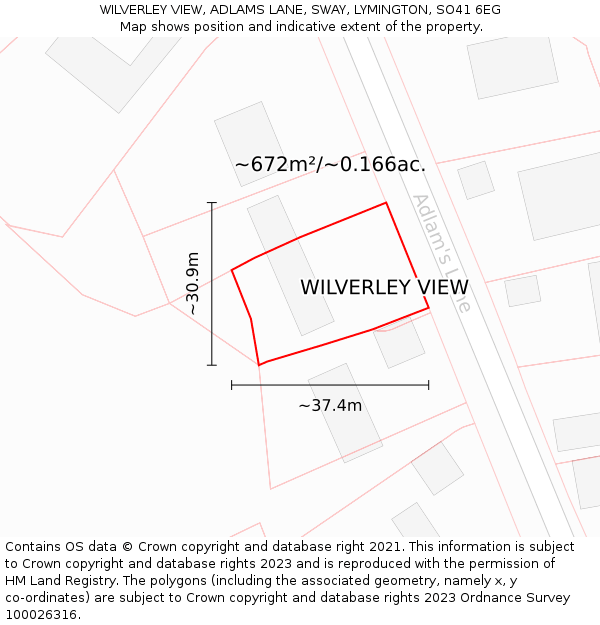 WILVERLEY VIEW, ADLAMS LANE, SWAY, LYMINGTON, SO41 6EG: Plot and title map