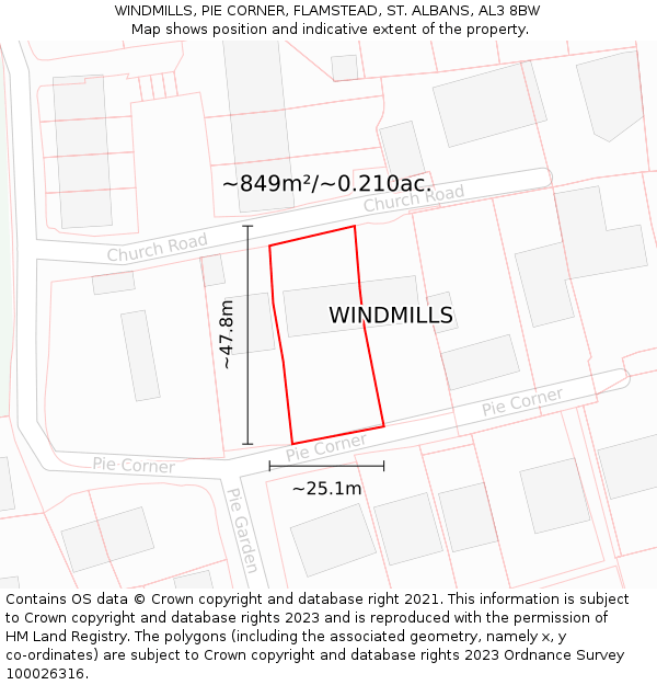 WINDMILLS, PIE CORNER, FLAMSTEAD, ST ALBANS, AL3 8BW: Plot and title map