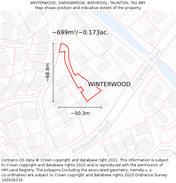 WINTERWOOD, SWINGBRIDGE, BATHPOOL, TAUNTON, TA2 8BY: Plot and title map