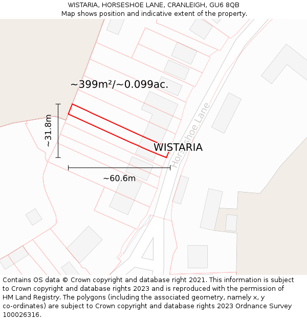 WISTARIA, HORSESHOE LANE, CRANLEIGH, GU6 8QB: Plot and title map