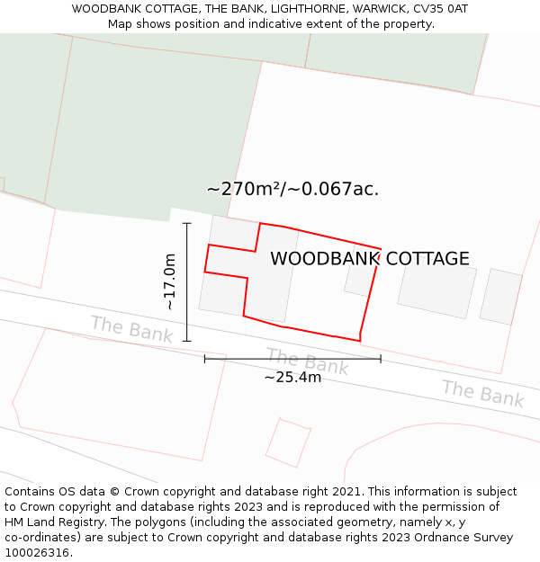 WOODBANK COTTAGE, THE BANK, LIGHTHORNE, WARWICK, CV35 0AT: Plot and title map