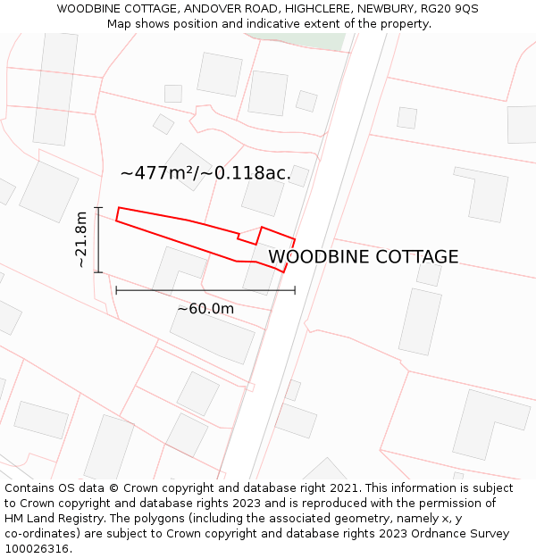 WOODBINE COTTAGE, ANDOVER ROAD, HIGHCLERE, NEWBURY, RG20 9QS: Plot and title map