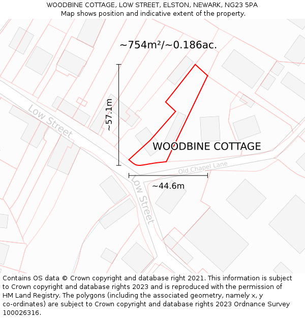 WOODBINE COTTAGE, LOW STREET, ELSTON, NEWARK, NG23 5PA: Plot and title map