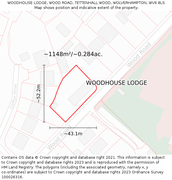 WOODHOUSE LODGE, WOOD ROAD, TETTENHALL WOOD, WOLVERHAMPTON, WV6 8LS: Plot and title map