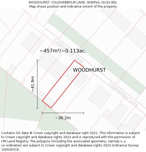 WOODHURST, COLDHARBOUR LANE, WOKING, GU22 8SL: Plot and title map