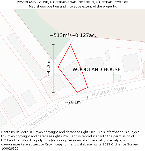 WOODLAND HOUSE, HALSTEAD ROAD, GOSFIELD, HALSTEAD, CO9 1PE: Plot and title map