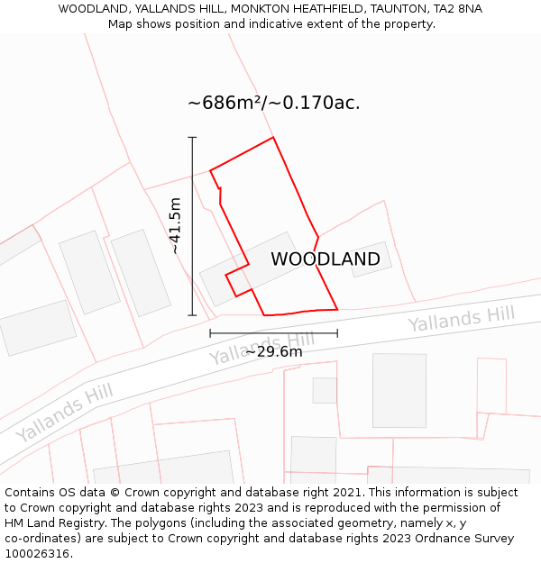 WOODLAND, YALLANDS HILL, MONKTON HEATHFIELD, TAUNTON, TA2 8NA: Plot and title map