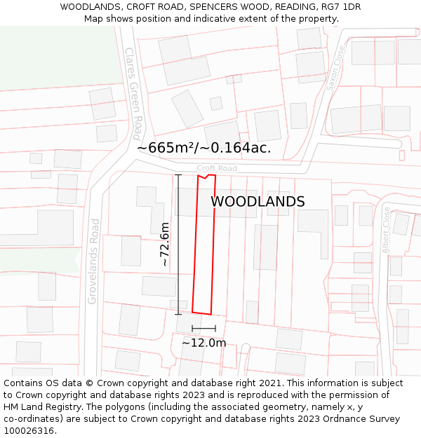 WOODLANDS, CROFT ROAD, SPENCERS WOOD, READING, RG7 1DR: Plot and title map