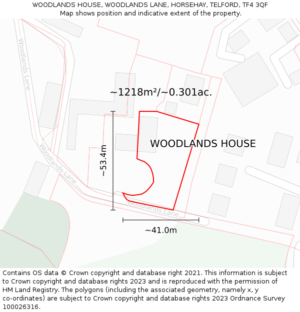 WOODLANDS HOUSE, WOODLANDS LANE, HORSEHAY, TELFORD, TF4 3QF: Plot and title map
