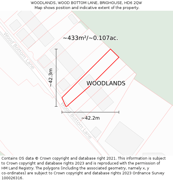 WOODLANDS, WOOD BOTTOM LANE, BRIGHOUSE, HD6 2QW: Plot and title map