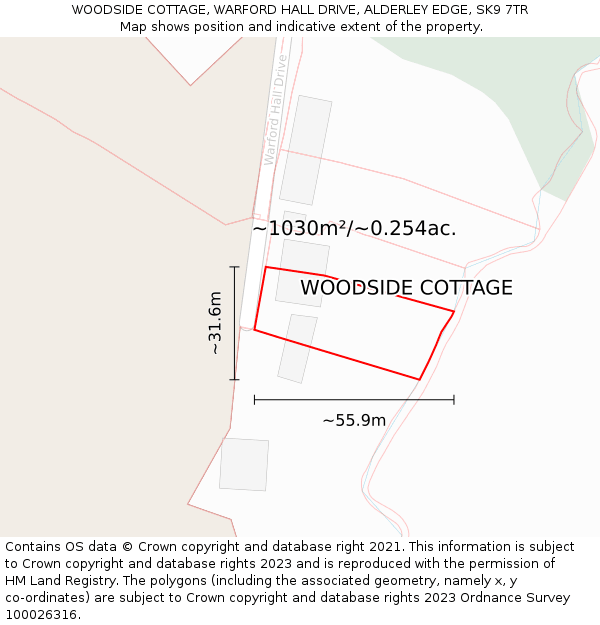 WOODSIDE COTTAGE, WARFORD HALL DRIVE, ALDERLEY EDGE, SK9 7TR: Plot and title map